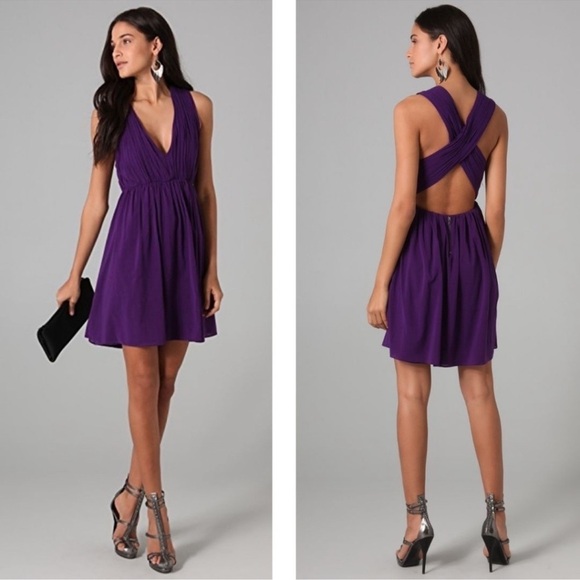 ALICE + OLIVIA Caprice Purple Pleated Cross Back Party Silk Blend Cocktail Dress - Picture 1 of 10
